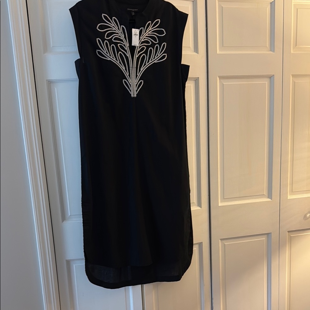 Banana Republic Elegant Black Linen Sleeveless Dress with White Embroidery NWT